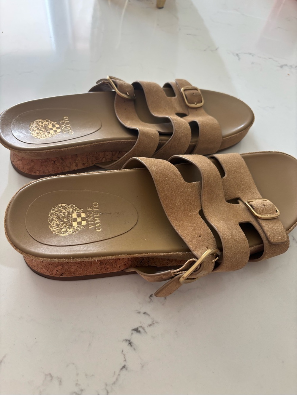 Vince Camuto Tan Double-Strap Cork Slide Sandals